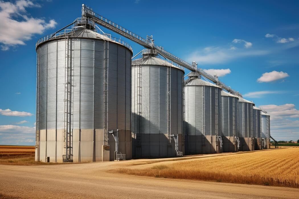 Row of steel grain silos beside a wheat field — grain silo installations are one of ADKO's activity fields in Syria